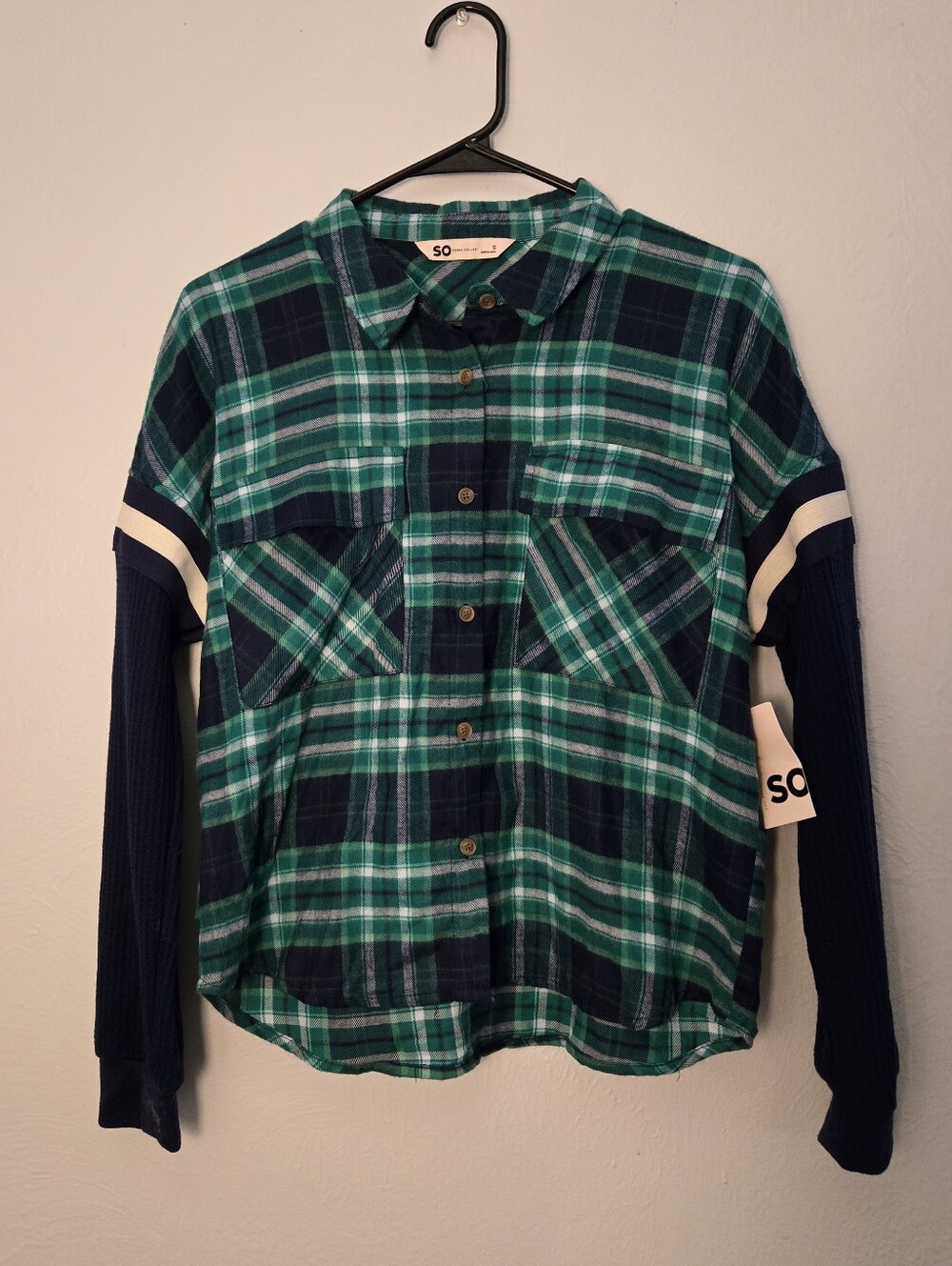 NWT Plaid Green & Blue Button-Up Shirt with Navy Flannel Sleeves, Size Juniors S - Picture 4 of 14